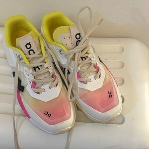 On Cloud Women's tennis Sneakers in Pink, Yellow, and White